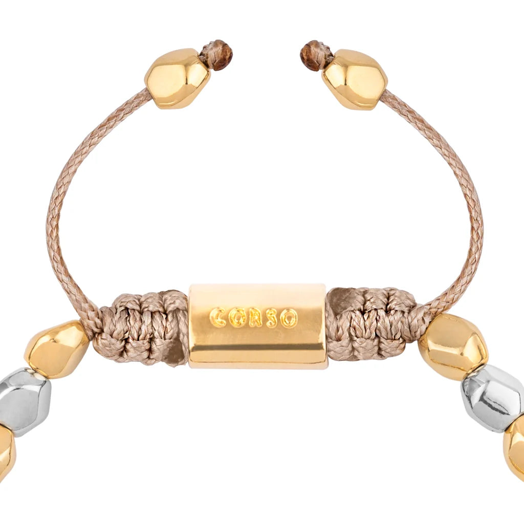 Pulsera ajustable con hilo de seda, insignia Corso y cuentas facetadas en baño de oro 22K y rodio - Joyería y bisutería fina