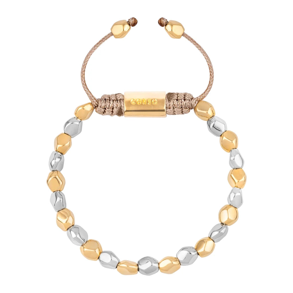 Pulsera ajustable con hilo de seda, insignia Corso y cuentas facetadas en baño de oro 22K y rodio - Joyería y bisutería fina