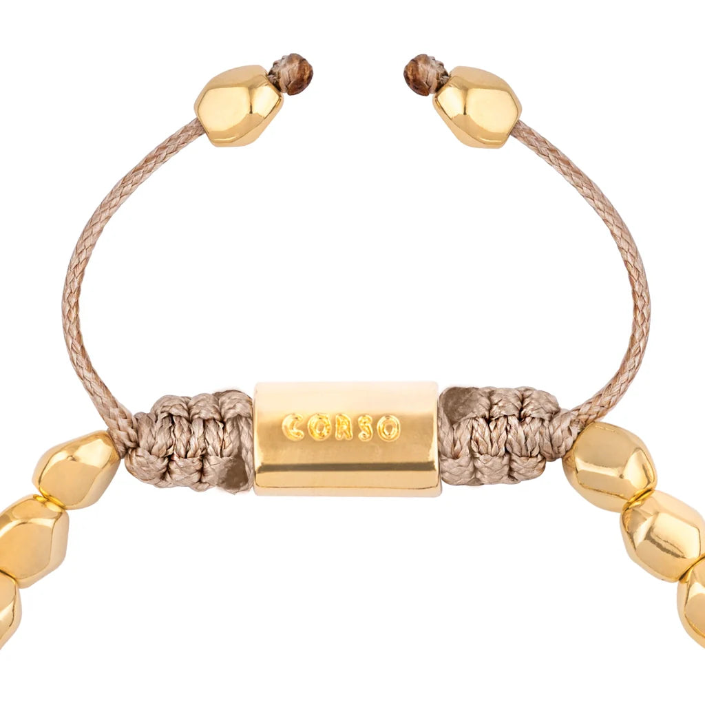 Pulsera ajustable con hilo de seda, insignia Corso y cuentas facetadas en baño de oro 22K - Joyería y bisutería fina