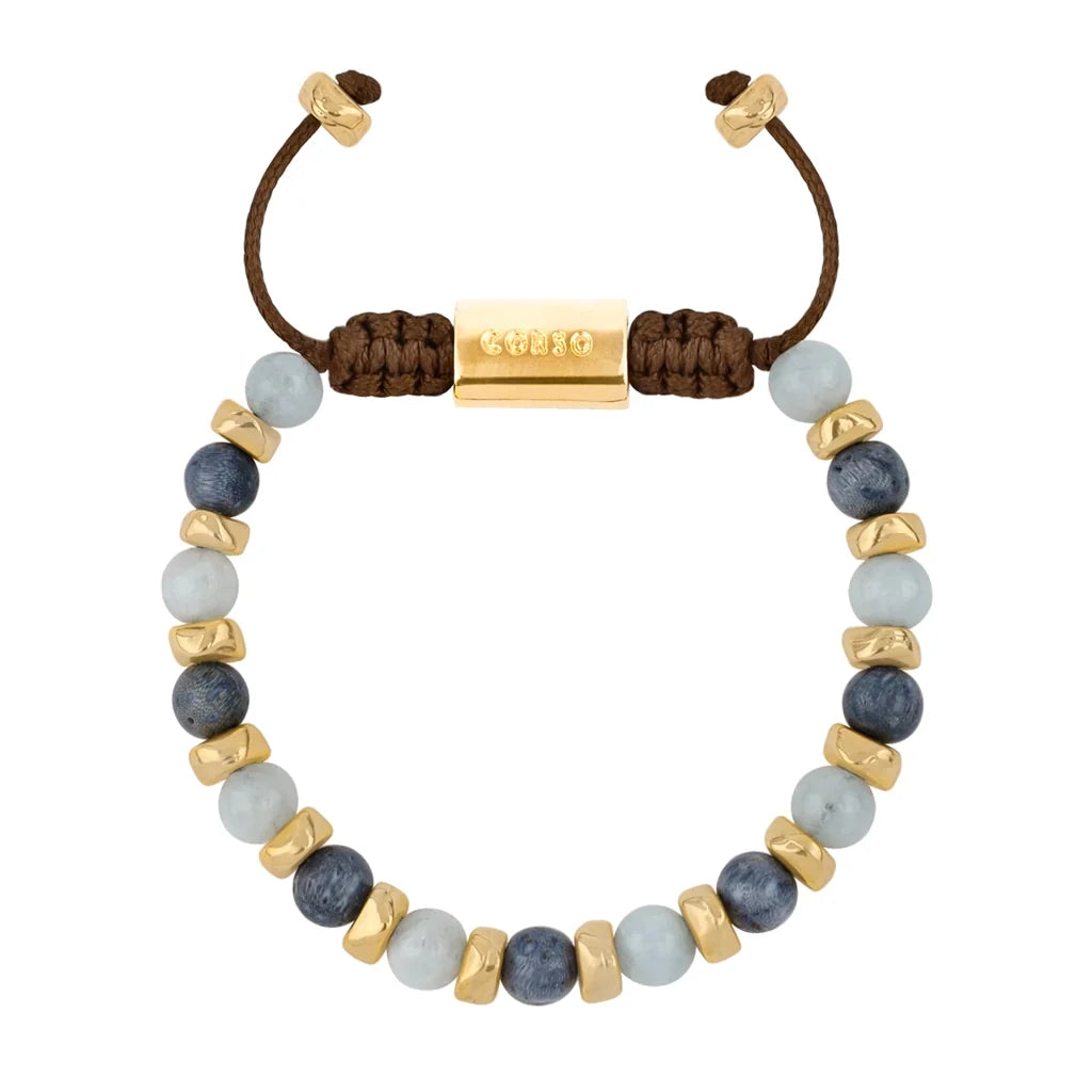 Pulsera ajustable, con piedras naturales de 6mm, baño de oro 22K - Joyería y bisutería fina