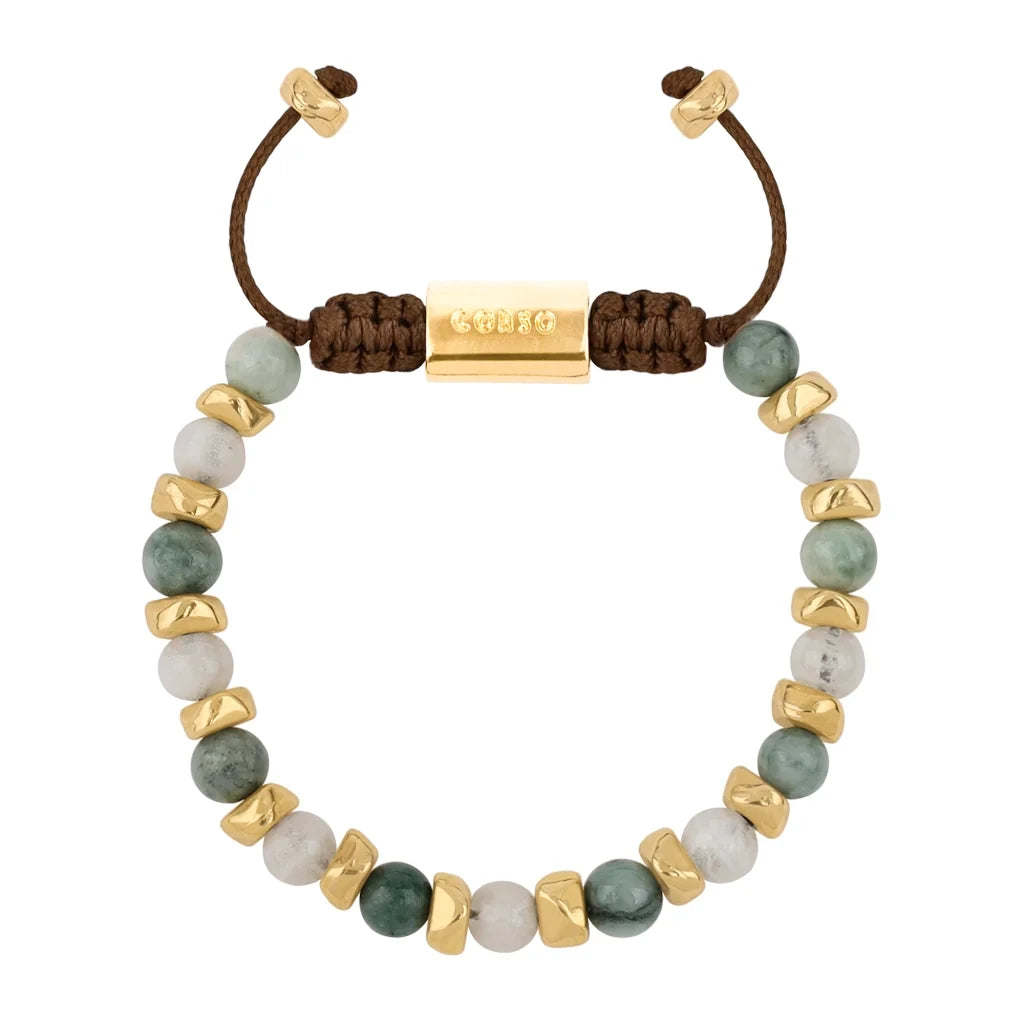 Pulsera ajustable, con piedras naturales de 6mm, baño de oro 22K - Joyería y bisutería fina