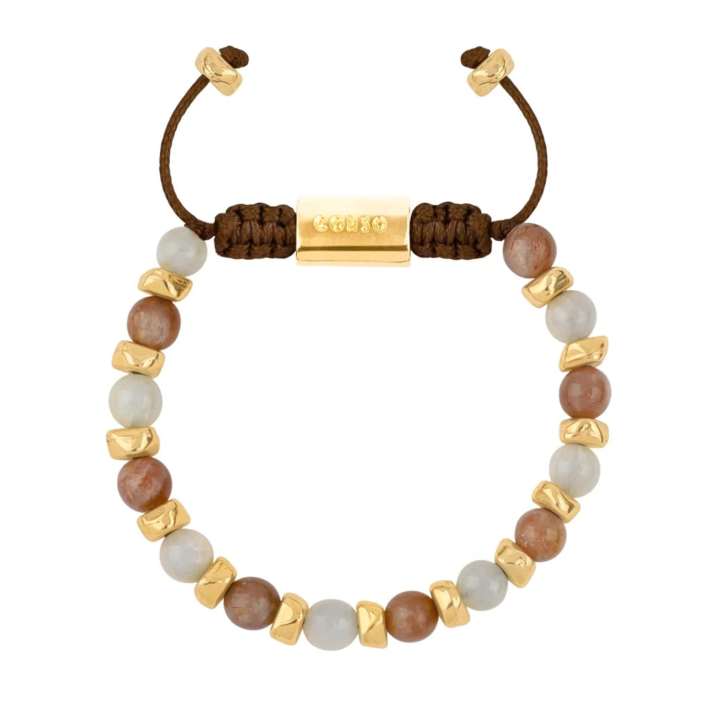Pulsera ajustable, con piedras naturales de 6mm, baño de oro 22K - Joyería y bisutería fina