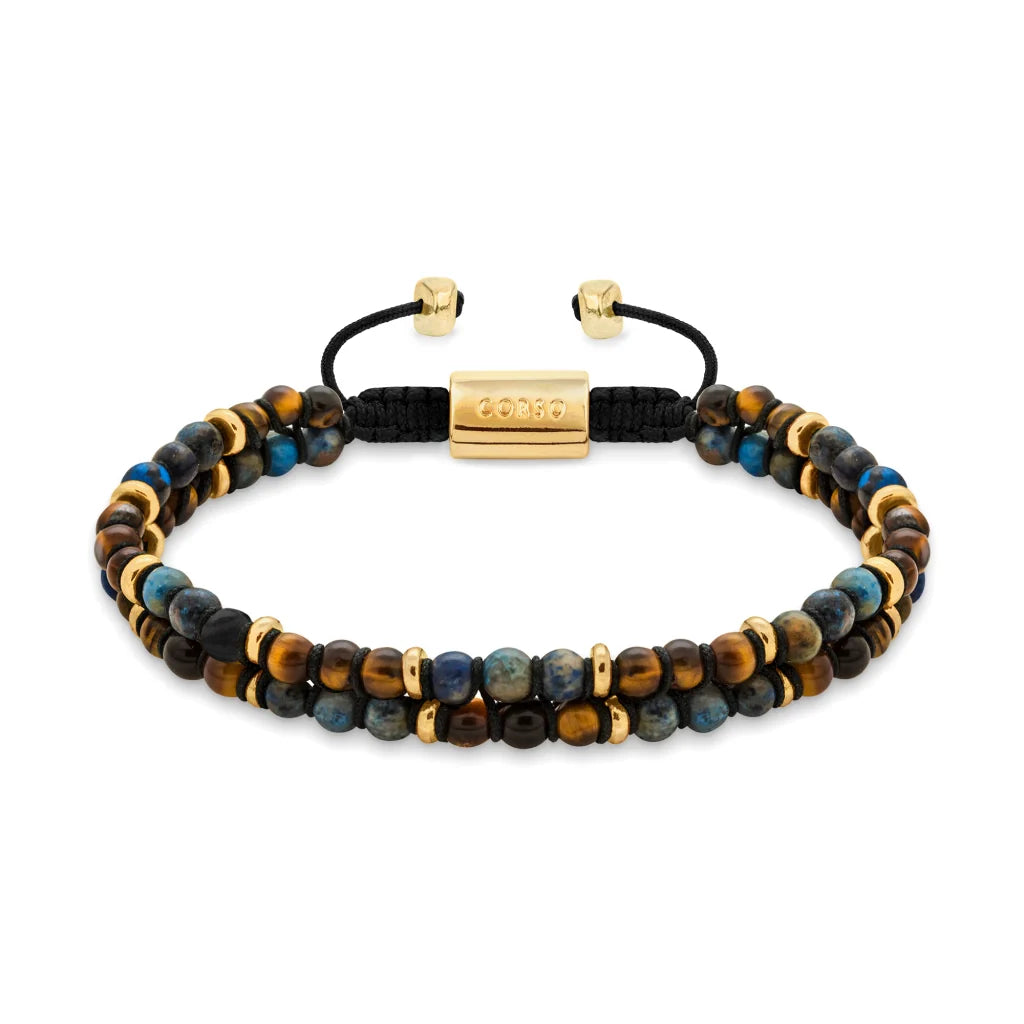 Pulsera ajustable con piedras 4mm, con mini donas y placa insignia en baño de oro 22K - Joyería y bisutería fina