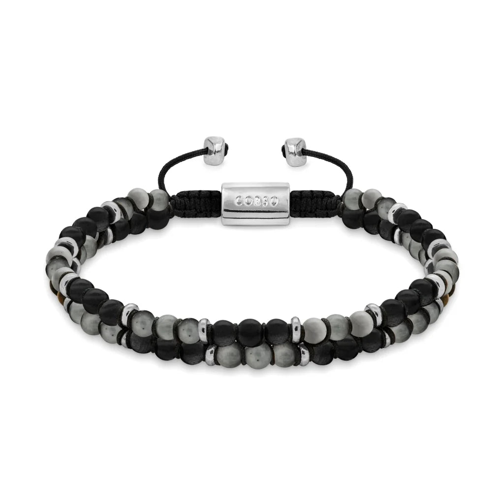 Pulsera ajustable con piedras 4mm, con mini donas y placa insignia en baño de rodio - Joyería y bisutería fina