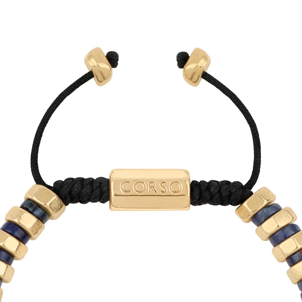 Pulsera ajustable con hilo de seda y rondel de piedra 4mm, con placa octagonal insignia y rondanas en baño de oro 22K - Joyería y bisutería fina