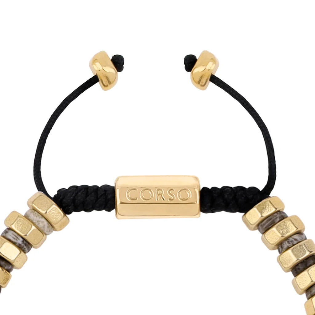 Pulsera ajustable con hilo de seda y rondel de piedra 4mm, con placa octagonal insignia y rondanas en baño de oro 22K - Joyería y bisutería fina