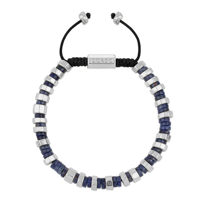 Pulsera ajustable con hilo de seda y rondel de piedra 4mm, con placa octagonal insignia y rondanas en baño de rodio - Joyería y bisutería fina