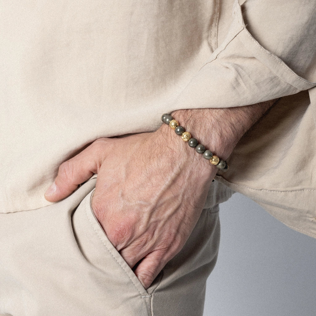 Pulsera baño en Oro 22K, Piedra volcanica y pirita - Joyería y bisutería fina