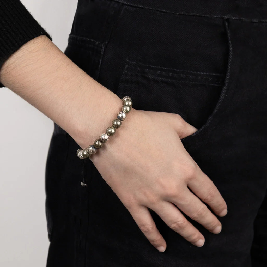 Pulsera baño en Rodio, Piedra volcanica y pirita - Joyería y bisutería fina