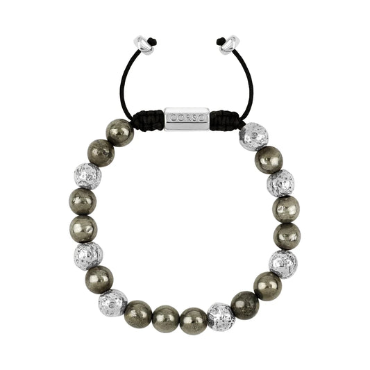 Pulsera baño en Rodio, Piedra volcanica y pirita - Joyería y bisutería fina