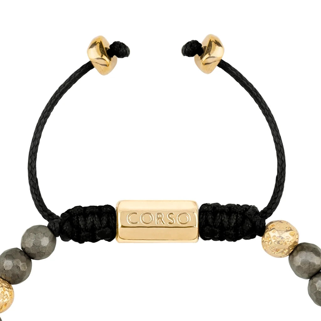 Pulsera ajustable con plaga octagonal con insignia de corso y piedra volcánica en baño de oro de 22K, con pirita de 6mm - Joyería y bisutería fina