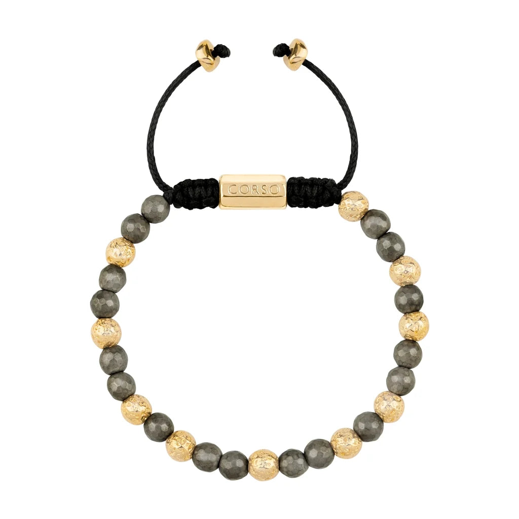 Pulsera ajustable con plaga octagonal con insignia de corso y piedra volcánica en baño de oro de 22K, con pirita de 6mm - Joyería y bisutería fina