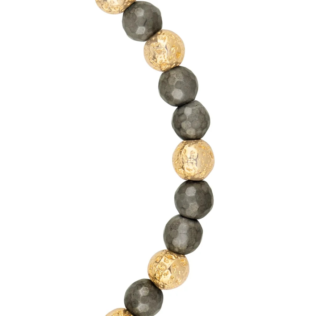 Pulsera ajustable con plaga octagonal con insignia de corso y piedra volcánica en baño de oro de 22K, con pirita de 6mm - Joyería y bisutería fina