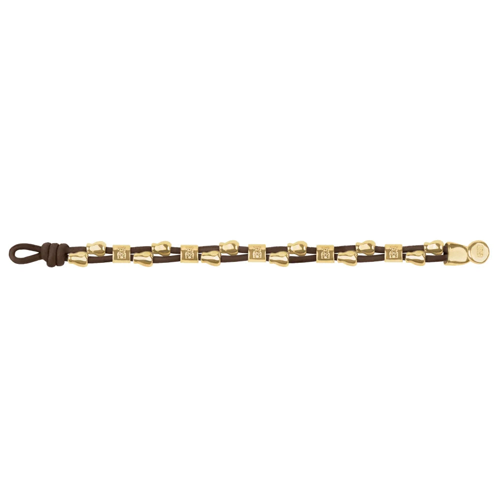 Pulsera de piel natural española, con detalles, broche y perlas en baño de oro 22K - Joyería y bisutería fina