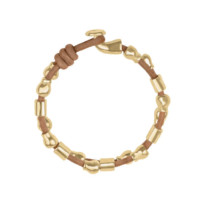 Pulsera de piel natural española, con detalles, broche y perlas en baño de oro 22K - Joyería y bisutería fina