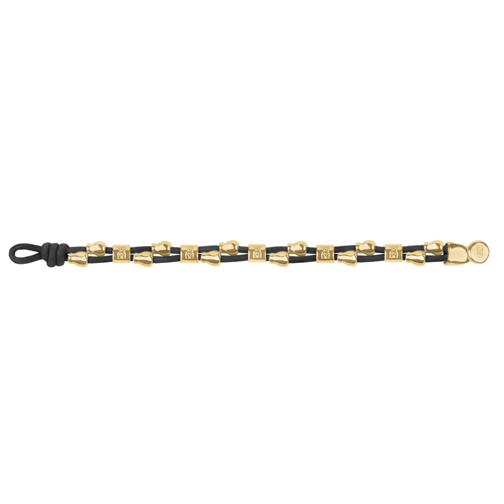 Pulsera de piel natural española, con detalles, broche y perlas en baño de oro 22K - Joyería y bisutería fina