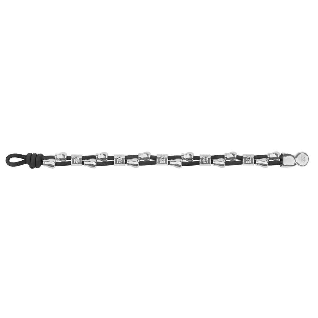 Pulsera de piel natural española, con detalles, broche y perlas en baño de rodio - Joyería y bisutería fina