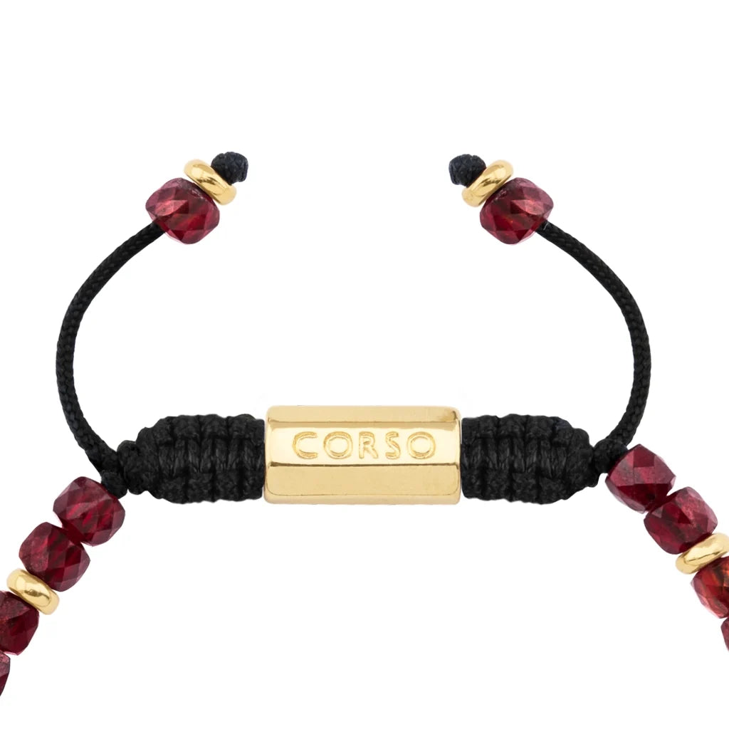 Pulsera con piedras en cubo facetado 4mm, con placa con insignia Corso y mini donas de baño de oro de 22K - Joyería y bisutería fina