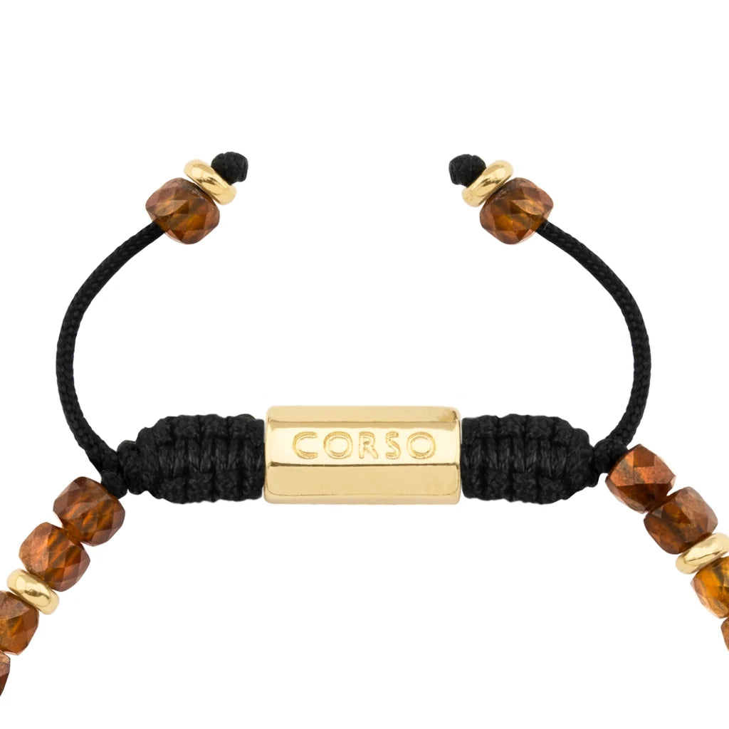 Pulsera con piedras en cubo facetado 4mm, con placa con insignia Corso y mini donas de baño de oro de 22K - Joyería y bisutería fina