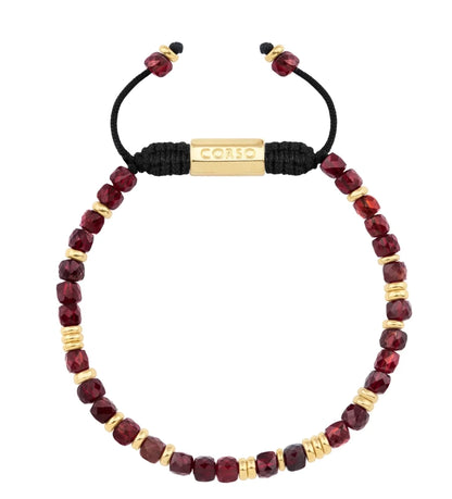 Pulsera con piedras en cubo facetado 4mm, con placa con insignia Corso y mini donas de baño de oro de 22K - Joyería y bisutería fina