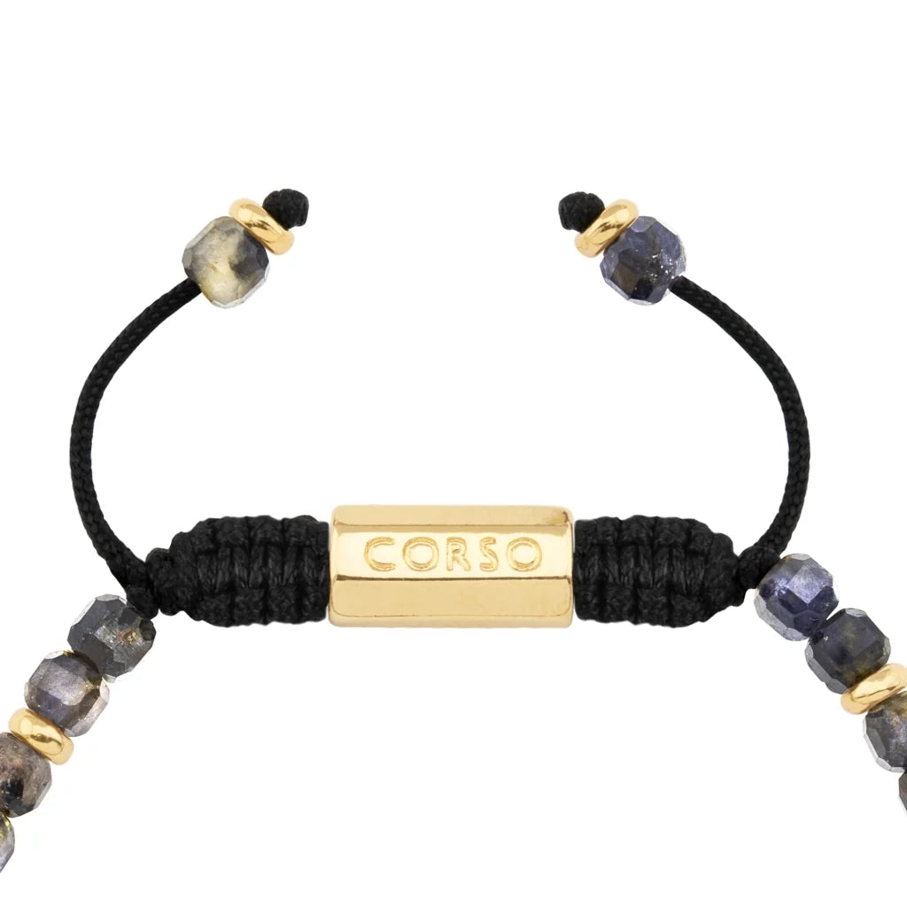 Pulsera con piedras en cubo facetado 4mm, con placa con insignia Corso y mini donas de baño de oro de 22K - Joyería y bisutería fina