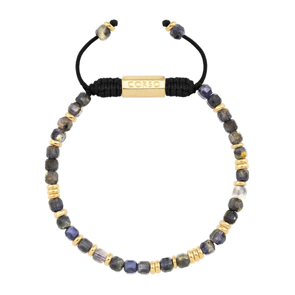 Pulsera con piedras en cubo facetado 4mm, con placa con insignia Corso y mini donas de baño de oro de 22K - Joyería y bisutería fina