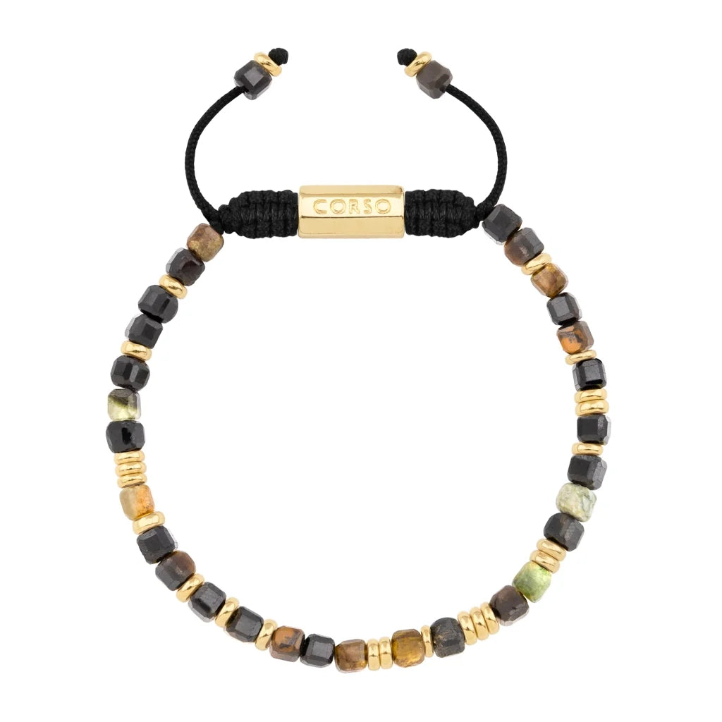 Pulsera con piedras en cubo facetado 4mm, con placa con insignia Corso y mini donas de baño de oro de 22K - Joyería y bisutería fina