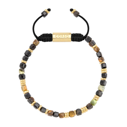 Pulsera con piedras en cubo facetado 4mm, con placa con insignia Corso y mini donas de baño de oro de 22K - Joyería y bisutería fina