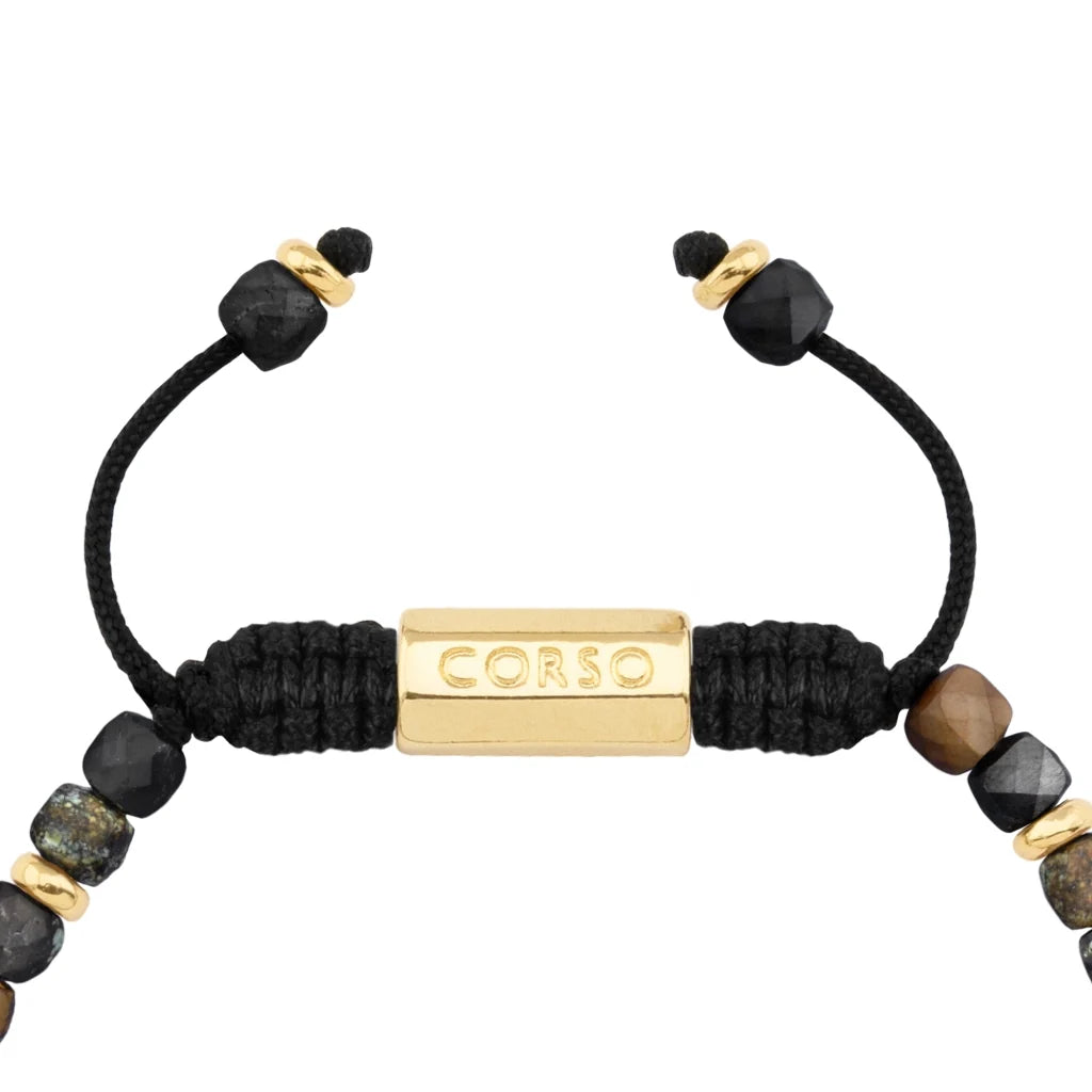 Pulsera con piedras en cubo facetado 4mm, con placa con insignia Corso y mini donas de baño de oro de 22K - Joyería y bisutería fina