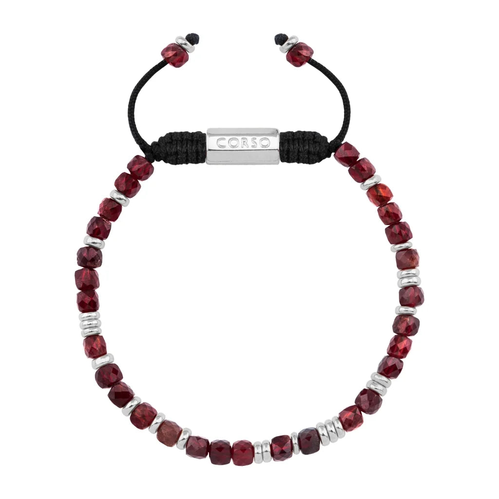 Pulsera con piedras en cubo facetado 4mm, con placa con insignia Corso y mini donas de baño de rodio - Joyería y bisutería fina