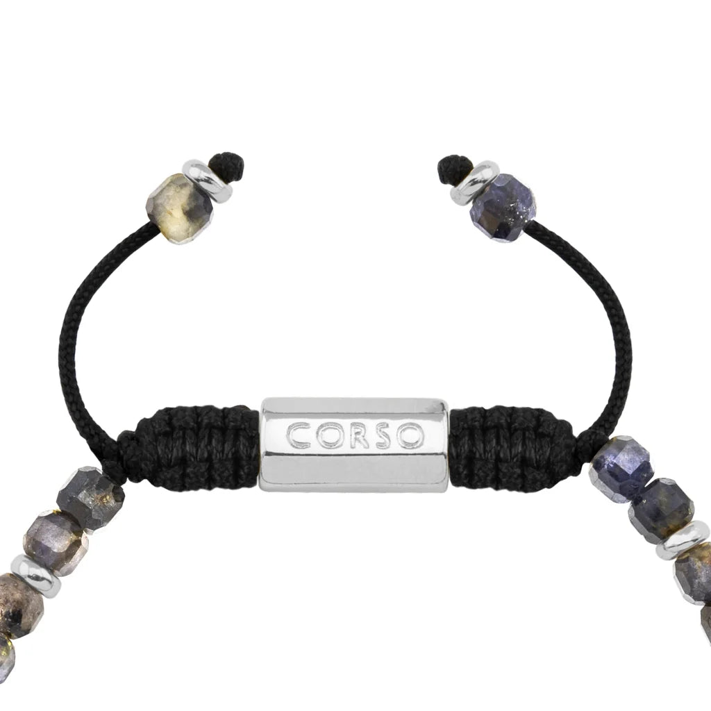 Pulsera con piedras en cubo facetado 4mm, con placa con insignia Corso y mini donas de baño de rodio - Joyería y bisutería fina