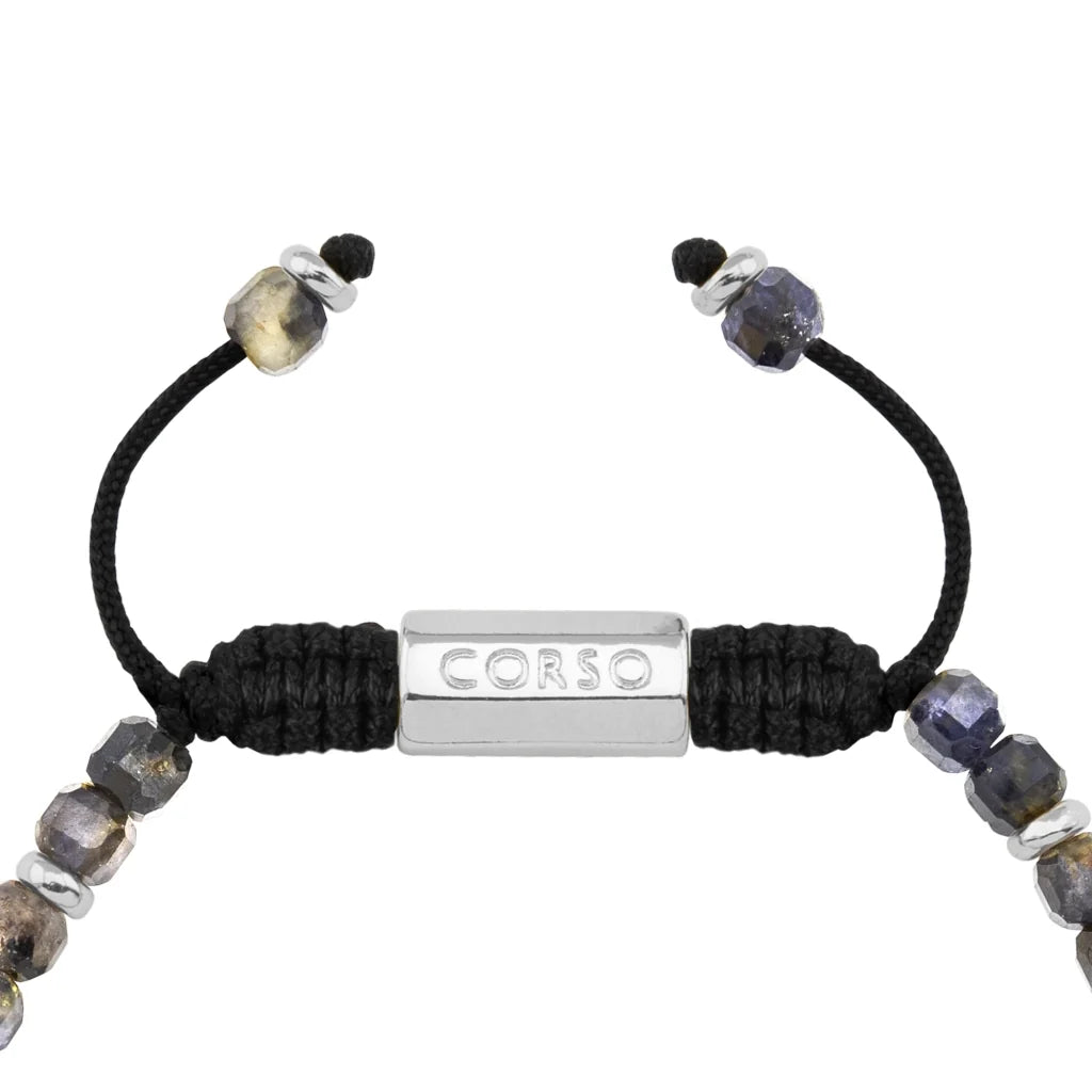 Pulsera con piedras en cubo facetado 4mm, con placa con insignia Corso y mini donas de baño de rodio - Joyería y bisutería fina