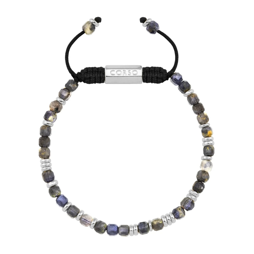 Pulsera con piedras en cubo facetado 4mm, con placa con insignia Corso y mini donas de baño de rodio - Joyería y bisutería fina