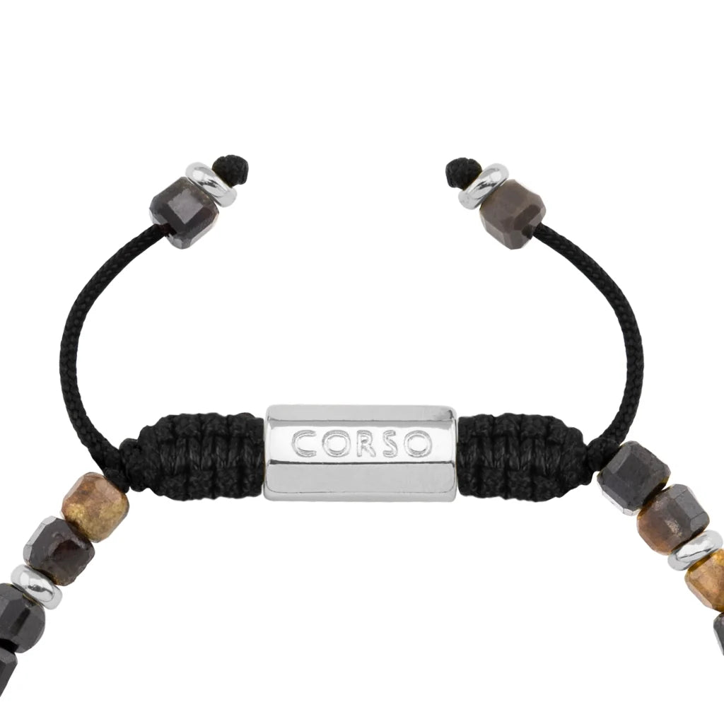 Pulsera con piedras en cubo facetado 4mm, con placa con insignia Corso y mini donas de baño de rodio - Joyería y bisutería fina