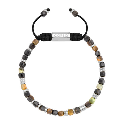 Pulsera con piedras en cubo facetado 4mm, con placa con insignia Corso y mini donas de baño de rodio - Joyería y bisutería fina
