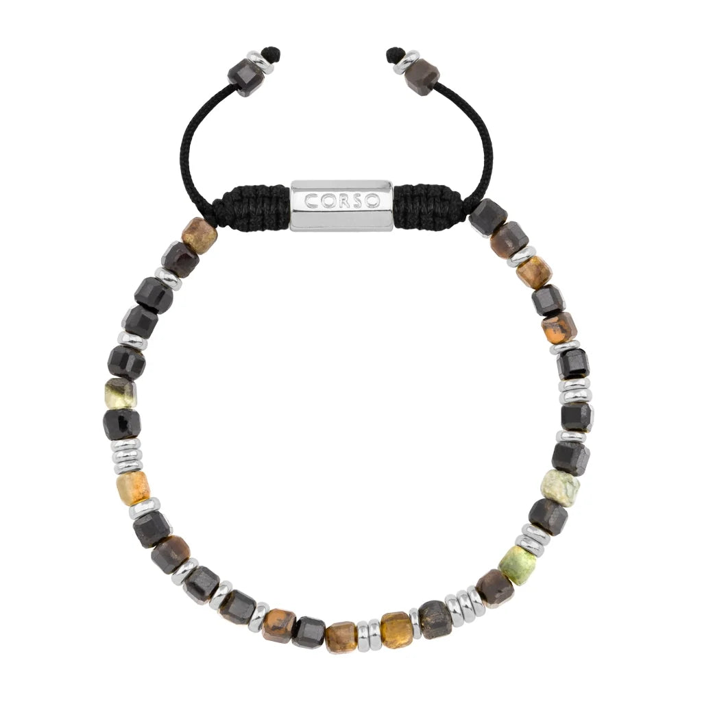 Pulsera con piedras en cubo facetado 4mm, con placa con insignia Corso y mini donas de baño de rodio - Joyería y bisutería fina