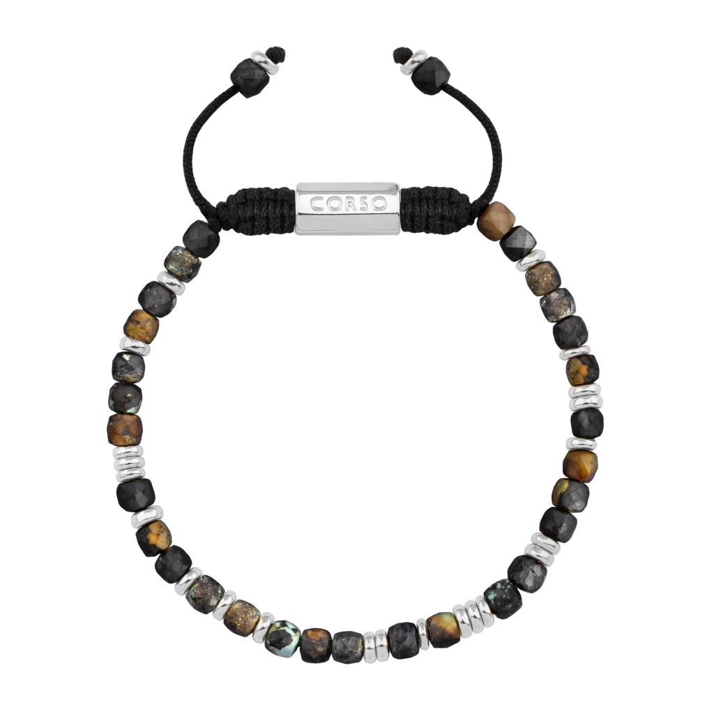 Pulsera con piedras en cubo facetado 4mm, con placa con insignia Corso y mini donas de baño de rodio - Joyería y bisutería fina