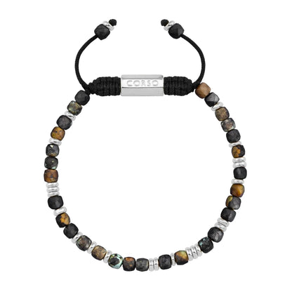 Pulsera con piedras en cubo facetado 4mm, con placa con insignia Corso y mini donas de baño de rodio - Joyería y bisutería fina