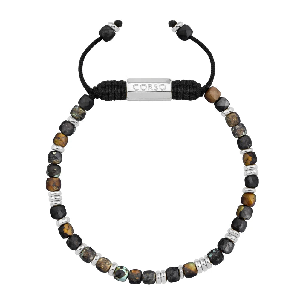 Pulsera con piedras en cubo facetado 4mm, con placa con insignia Corso y mini donas de baño de rodio - Joyería y bisutería fina