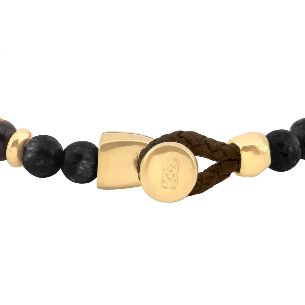 Pulsera con piedra de ojo de tigre de 6mm dispuestas en un suave cordón ajustable de piel de borrego, con conectores y broche de botón bañados en oro de 22K - Joyería y bisutería fina