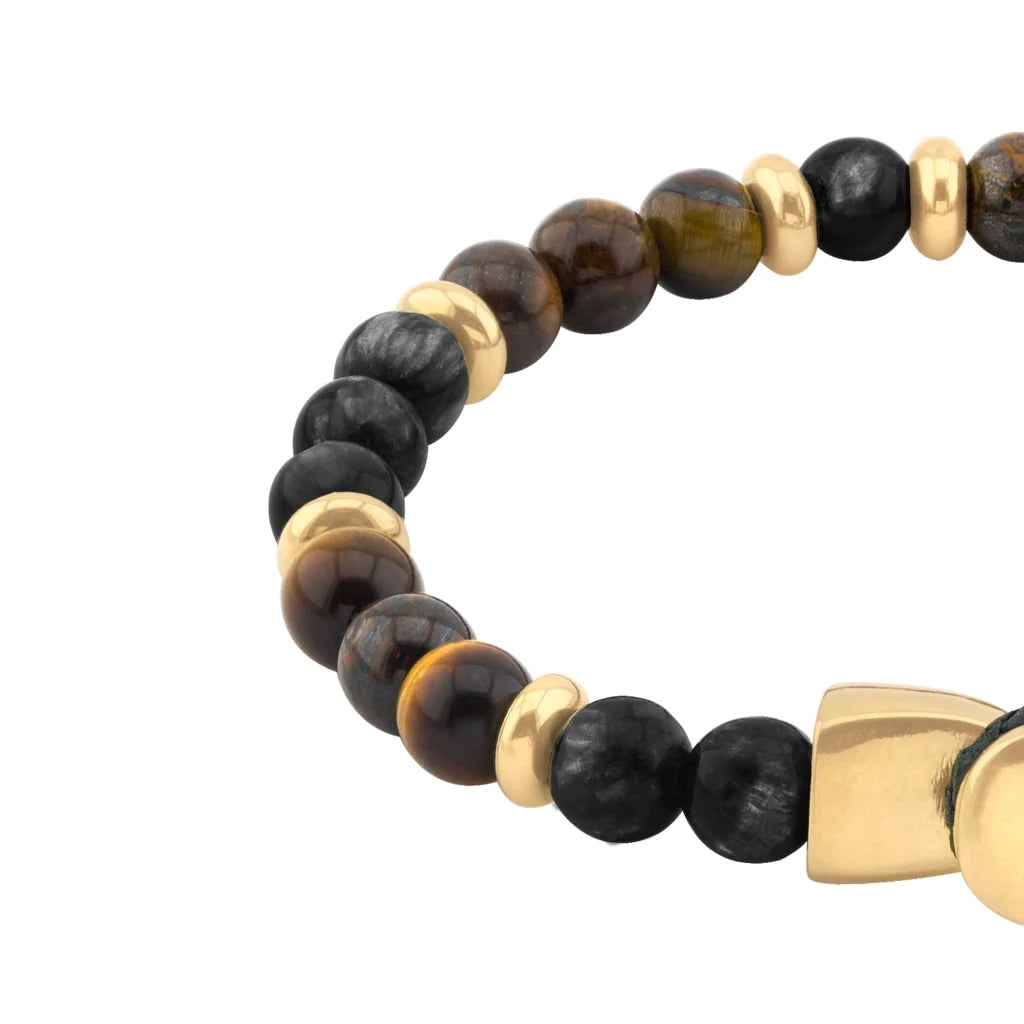Pulsera con piedra de ojo de tigre de 6mm dispuestas en un suave cordón ajustable de piel de borrego, con conectores y broche de botón bañados en oro de 22K - Joyería y bisutería fina