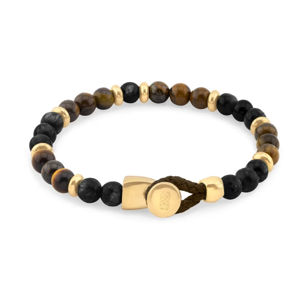 Pulsera con piedra de ojo de tigre de 6mm dispuestas en un suave cordón ajustable de piel de borrego, con conectores y broche de botón bañados en oro de 22K - Joyería y bisutería fina
