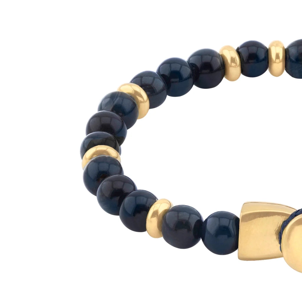 Pulsera con piedra de ojo de tigre de 6mm dispuestas en un suave cordón ajustable de piel de borrego, con conectores y broche de botón bañados en oro de 22K - Joyería y bisutería fina