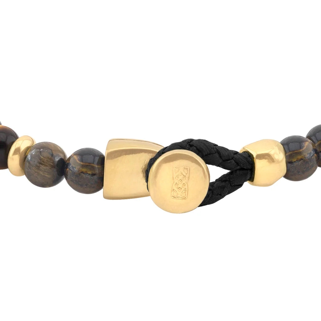 Pulsera con piedra de ojo de tigre de 6mm dispuestas en un suave cordón ajustable de piel de borrego, con conectores y broche de botón bañados en oro de 22K - Joyería y bisutería fina