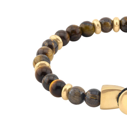 Pulsera con piedra de ojo de tigre de 6mm dispuestas en un suave cordón ajustable de piel de borrego, con conectores y broche de botón bañados en oro de 22K - Joyería y bisutería fina
