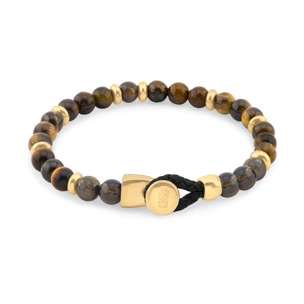 Pulsera con piedra de ojo de tigre de 6mm dispuestas en un suave cordón ajustable de piel de borrego, con conectores y broche de botón bañados en oro de 22K - Joyería y bisutería fina
