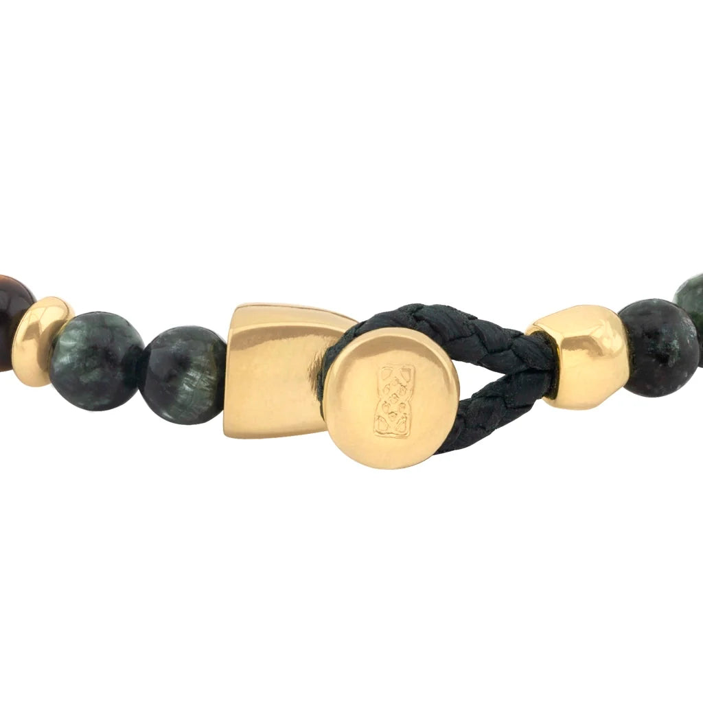 Pulsera con piedra de ojo de tigre de 6mm dispuestas en un suave cordón ajustable de piel de borrego, con conectores y broche de botón bañados en oro de 22K - Joyería y bisutería fina