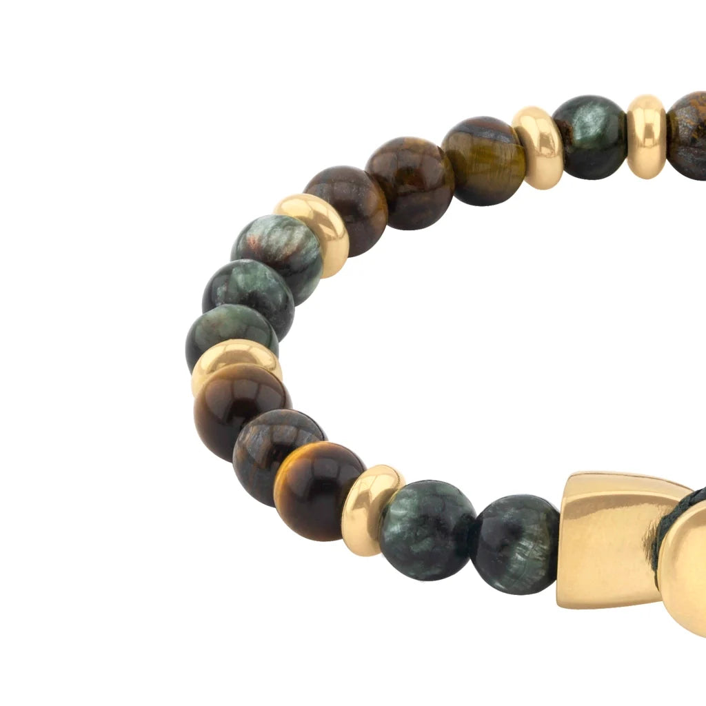 Pulsera con piedra de ojo de tigre de 6mm dispuestas en un suave cordón ajustable de piel de borrego, con conectores y broche de botón bañados en oro de 22K - Joyería y bisutería fina
