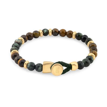 Pulsera con piedra de ojo de tigre de 6mm dispuestas en un suave cordón ajustable de piel de borrego, con conectores y broche de botón bañados en oro de 22K - Joyería y bisutería fina