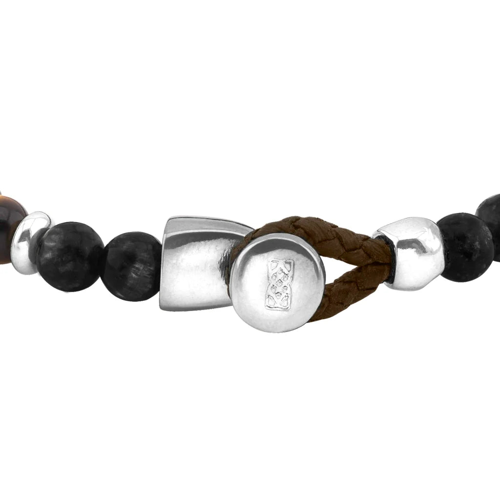Pulsera con piedra de ojo de tigre de 6mm dispuestas en un suave cordón ajustable de piel de borrego, con conectores y broche de botón bañados en rodio - Joyería y bisutería fina